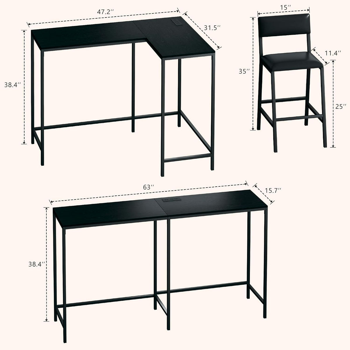 HUAHUU Bar Table and Chairs Set for 2-4, 63'' Convertible L-Shaped Kitchen Table with Power Outlets, 3 Piece Counter Height Small Dining Table with 2 Stools, Space Saving, Breakfast Nook Corner, Black