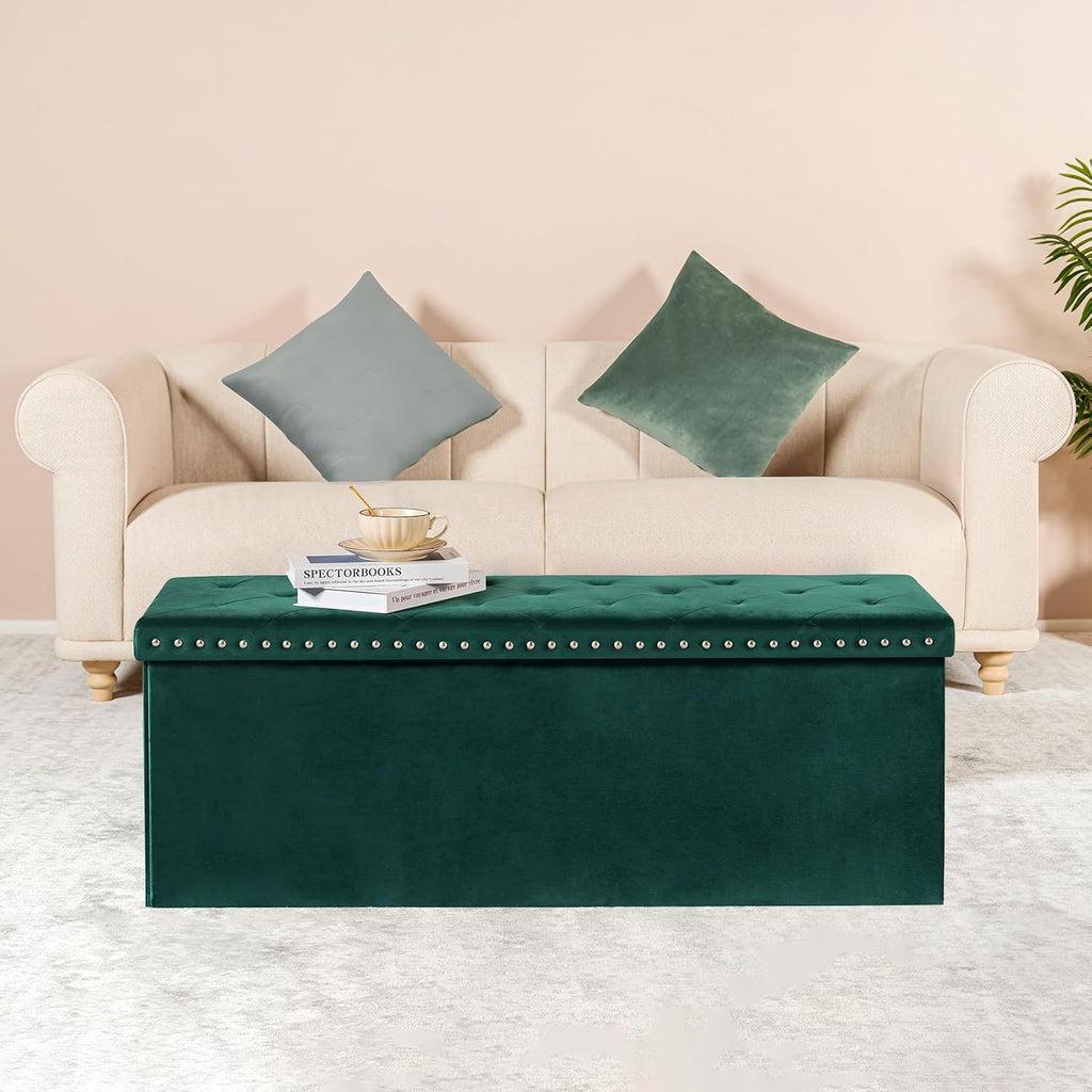 PINPLUS Folding Storage Ottoman Bench, Green Velvet