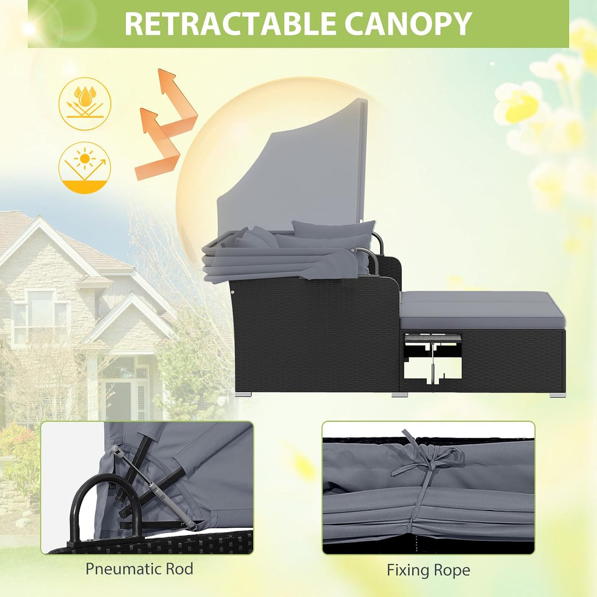 dreamade outdoor daybed with canopy, 2 person rattan shown in use