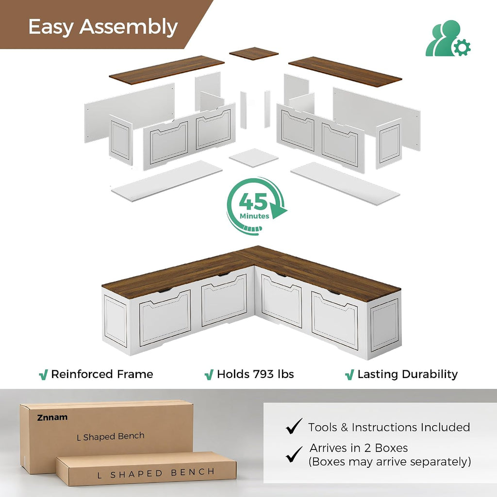 L Shaped Storage Corner Bench, 63" Breakfast Nook, Flip-Top Storage Compartment Bench for Entryway, Kitchen, Dining Room, Hallway Cloakroom Organization, Bench Only