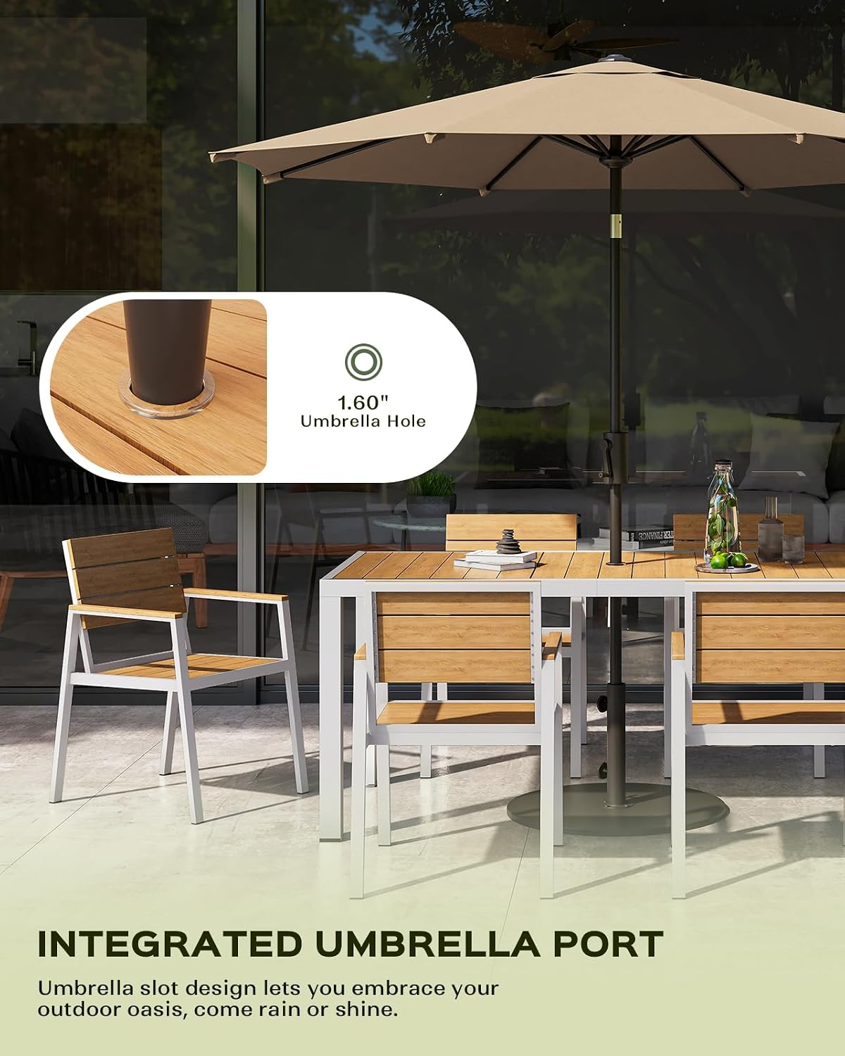 Vexwalx 7-Piece Outdoor Dining Set, Aluminum Dining Table Set for 6, Patio Table and Chairs Set with Umbrella Hole, All Weather HDPS Outdoor Table and Chairs for 6 (White-Teak)