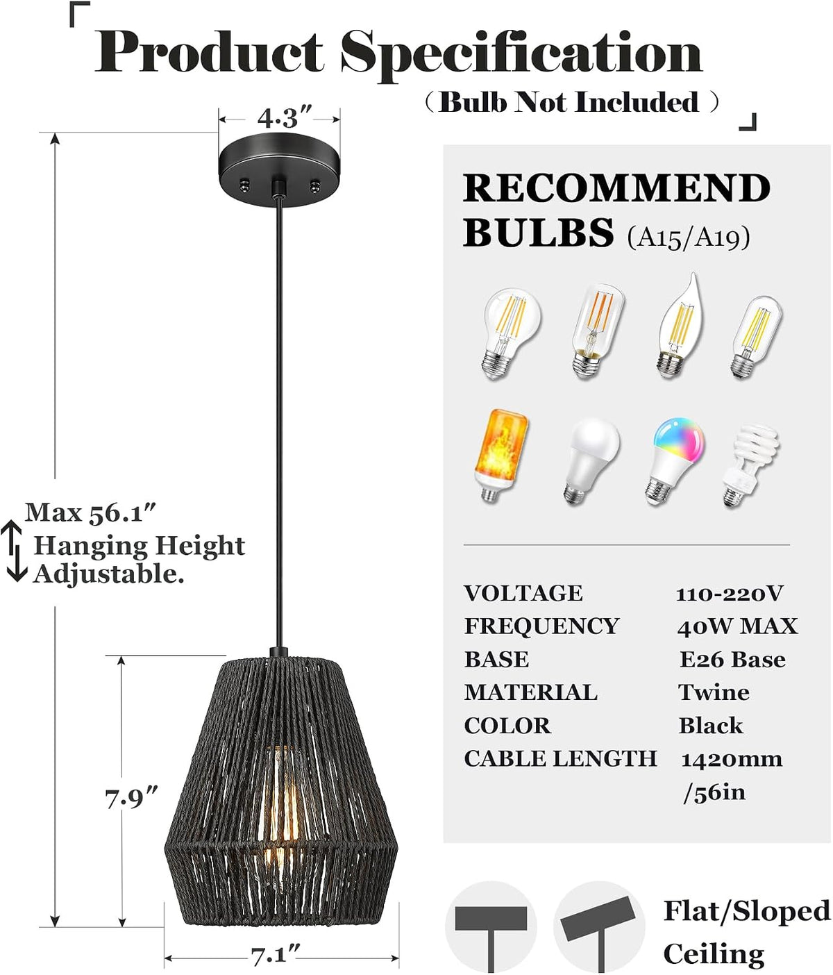 ELYONA Modern Woven Pendant Light Fixtures, 7" Farmhouse Coastal Hanging Lamp, Matte Black Handwoven Rattan Basket Shade, Boho Pendant Light for Kitchen Island Bar,Dining Room, Bedroom,Hallway 3 Pack