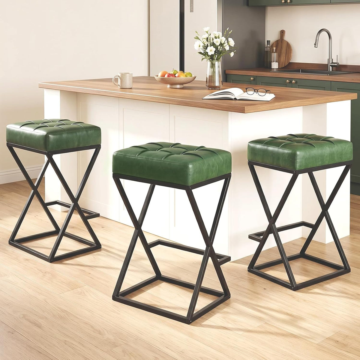 Bar Stools Set of 3, 26 Inch Counter Height Stool Faux Leather Green