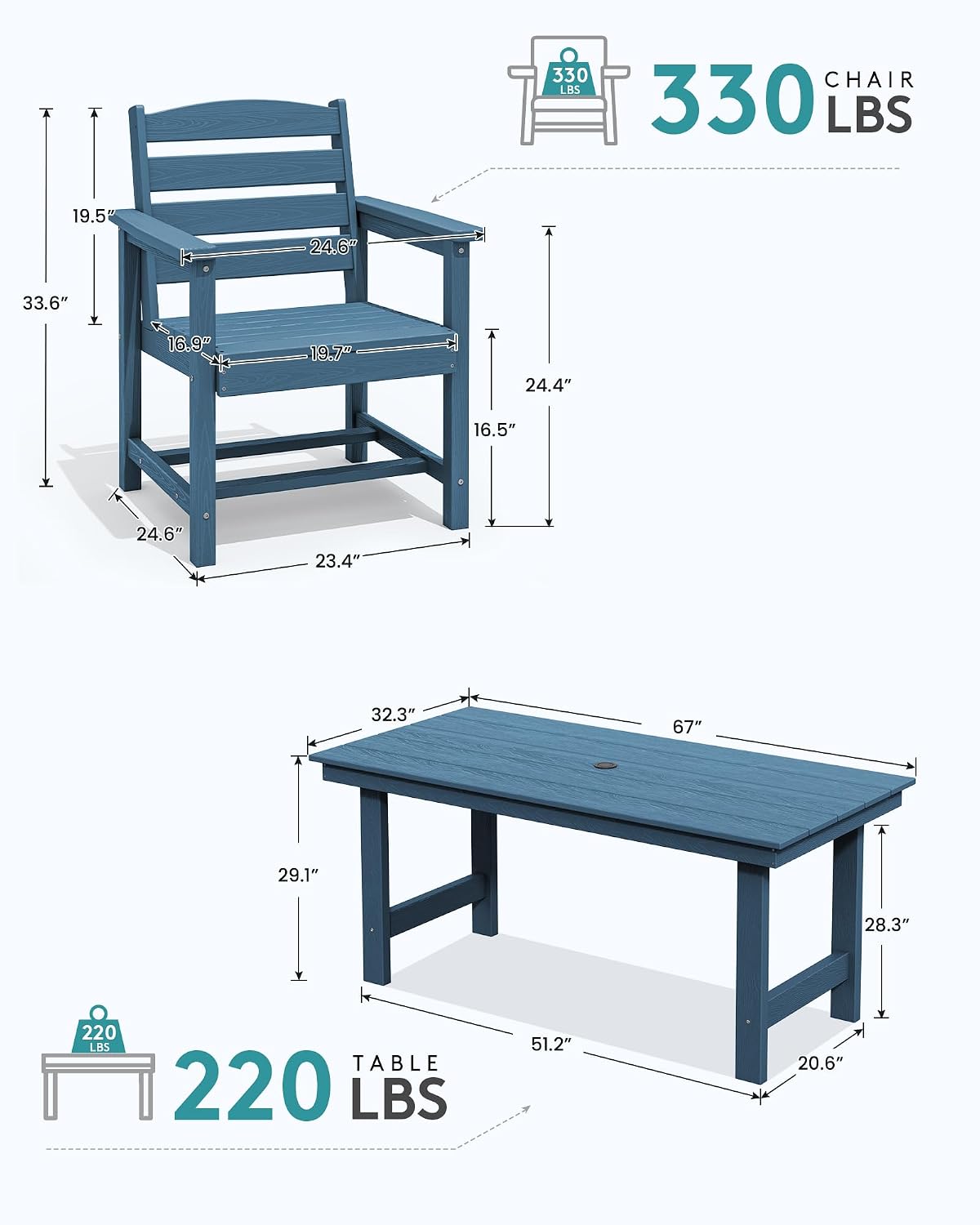 SERWALL 7 Pcs Outdoor Dining Set, 67" HDPE Dining Set for 6, Blue