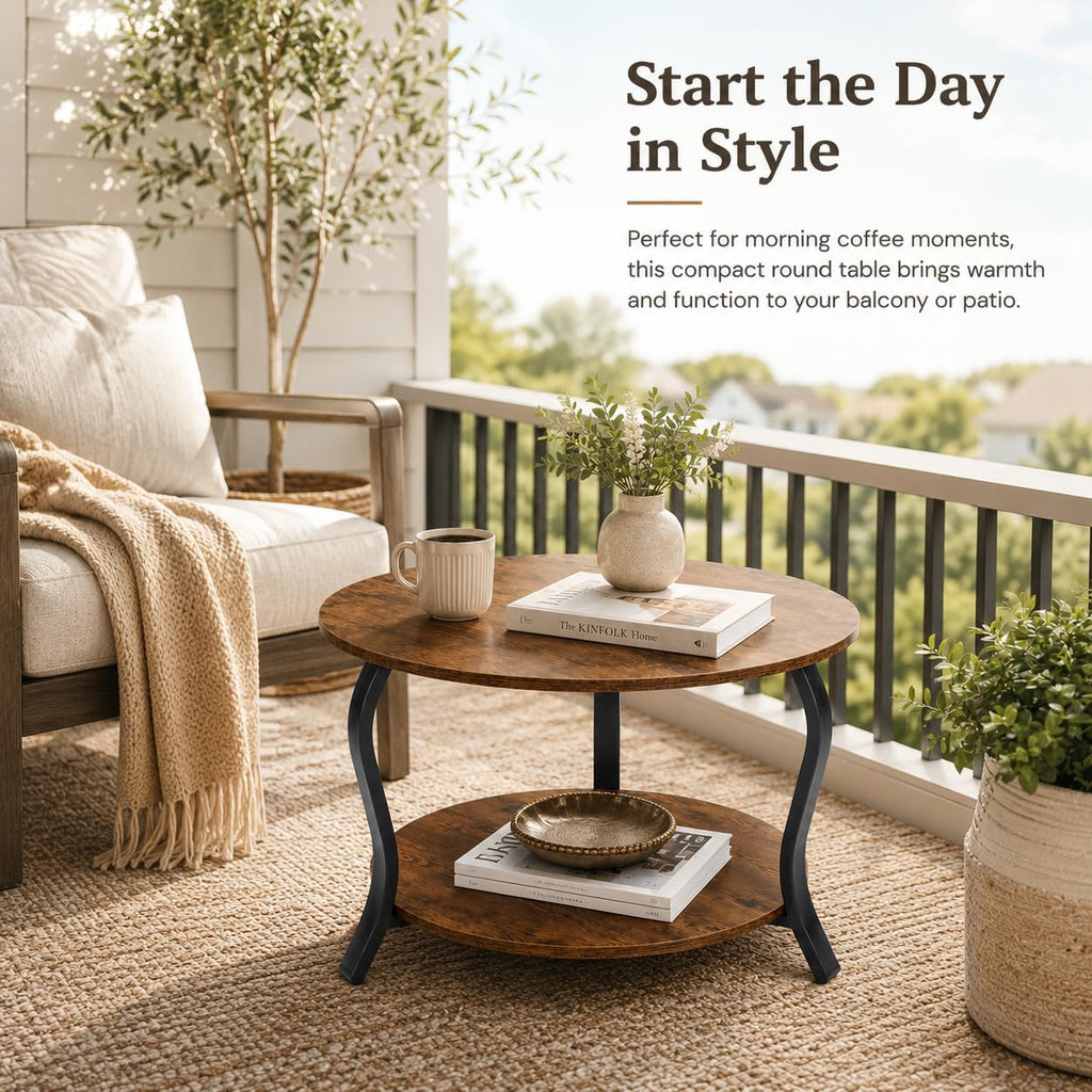 YEAKOO Small Round Coffee Table with Open Storage,23" 2-Tier Coffee Side Tables for Small Space, Accent Center Table Circle Sofa End Table with Wooden Table Top for Living Room Bedroom (Rustic Brown)