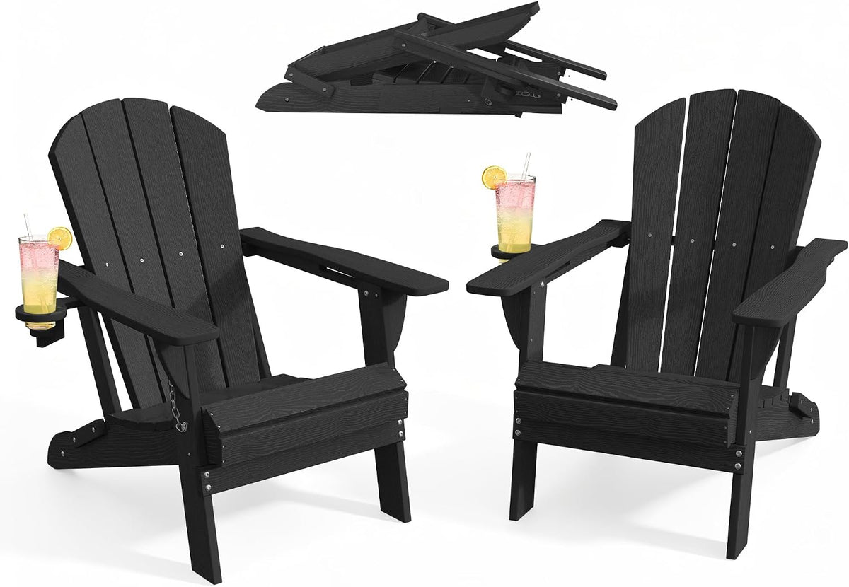 AreShark HDPE Folding Adirondack Chair with Cup Holder, Set of 2, Black