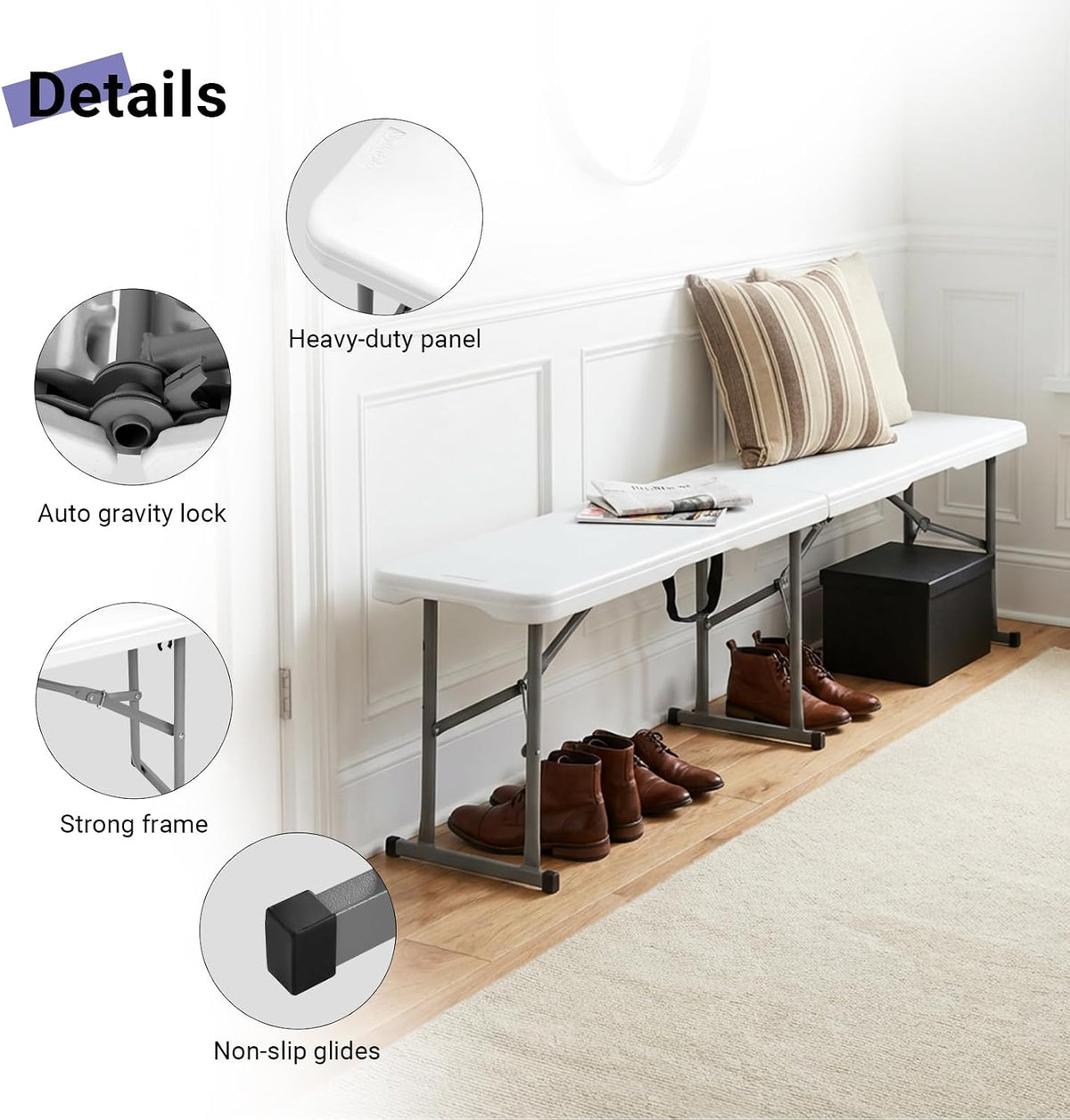 Folding Bench 6ft,Portable Plastic Bench Seat with Handle,White,2 Pack
