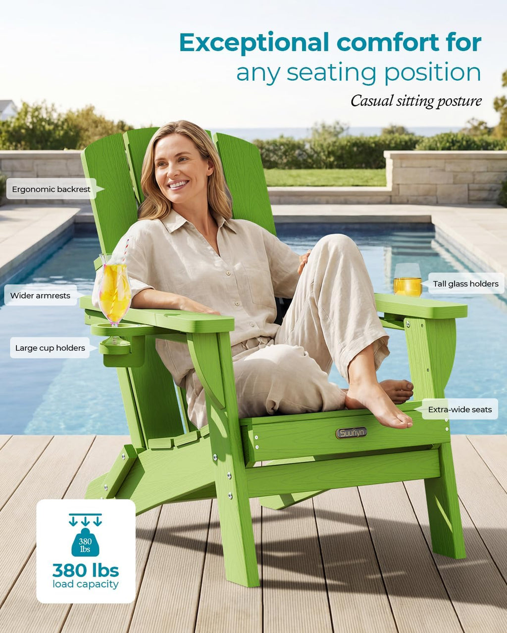 Folding Adirondack Chairs Set of 2, HDPE, 2 Cup Holders, Lime