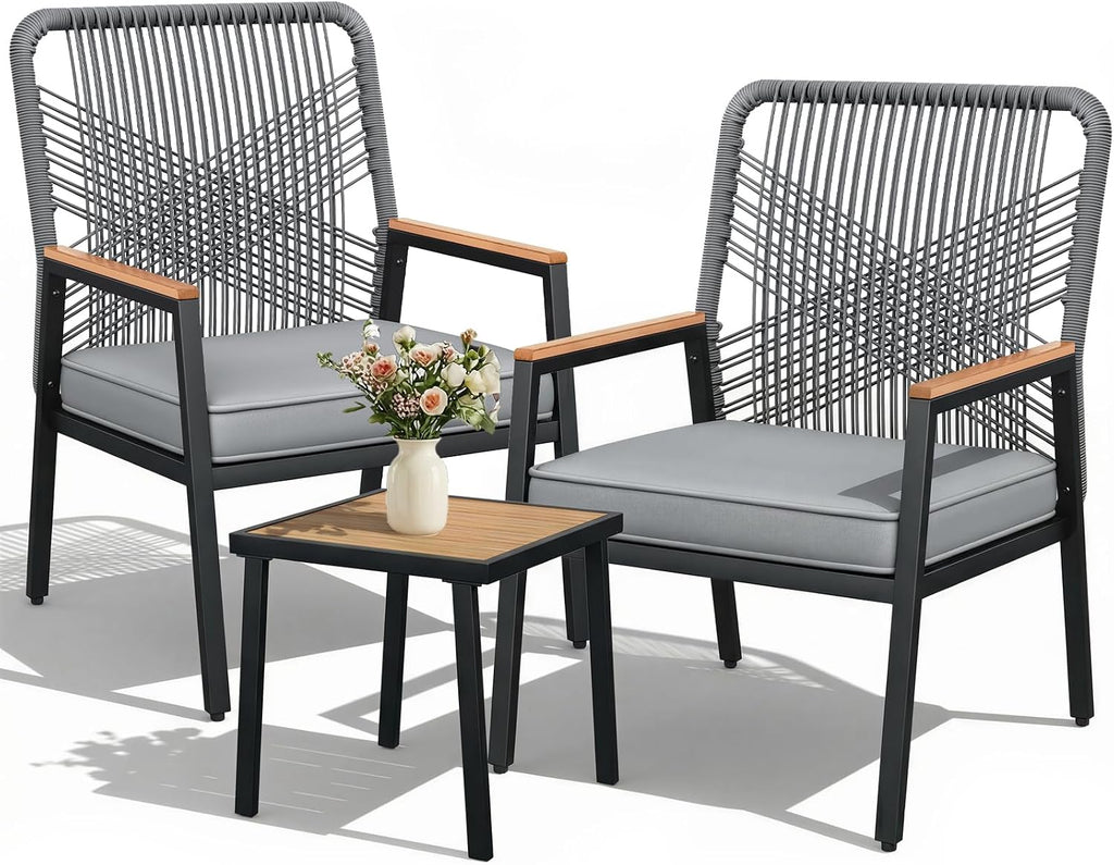 LIFERUN 3-Piece Rattan Patio Set with 2 Chairs and Table, Gray