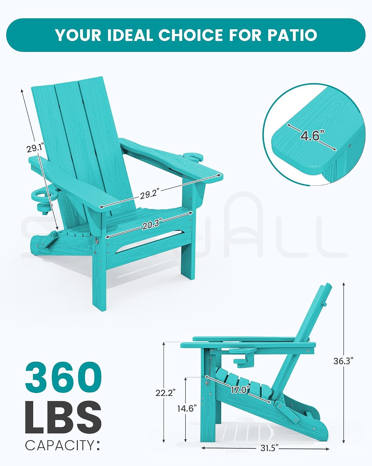 SERWALL HDPE Modern Folding Adirondack Chair with Dual Cup Holder, Teal