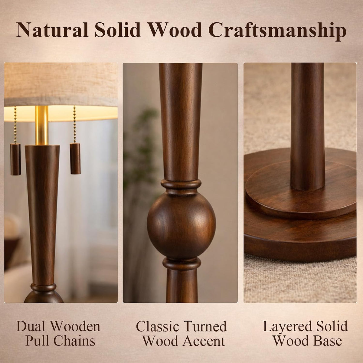 MOFFE Solid Wood Floor Lamp for Living Room with Wooden Pull Chains