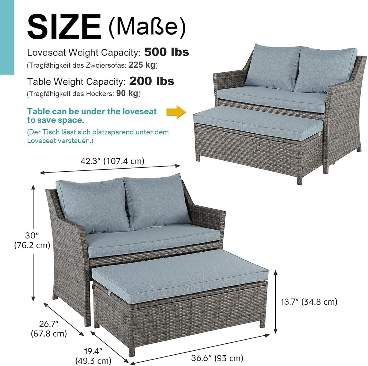 OC Orange-Casual Wicker Patio Loveseat Sofa w/Storage Ottoman, 2 Pcs, Gray