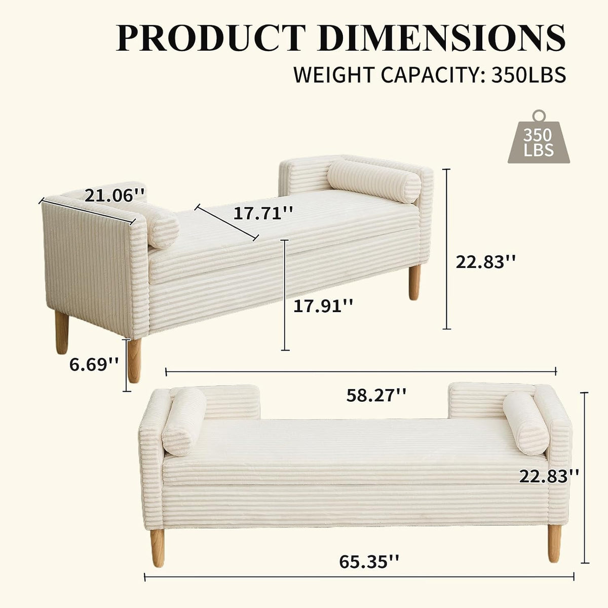 NIOIIKIT 65" Corduroy Upholstered Storage Ottoman Bench with Pillows White