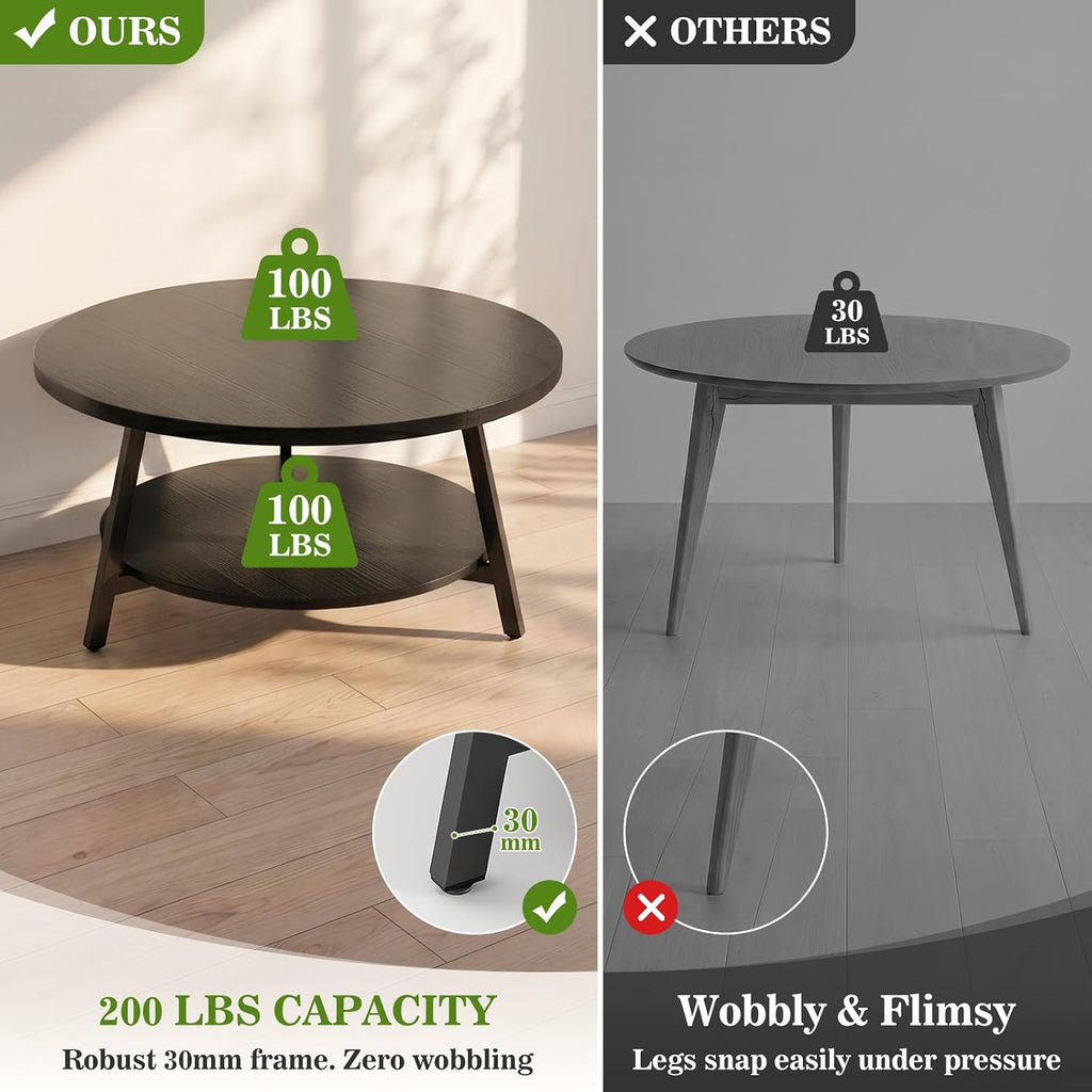 Armocity 35.4" Round Wood Coffee Table with 2-Tier Storage, 1" Thick Top