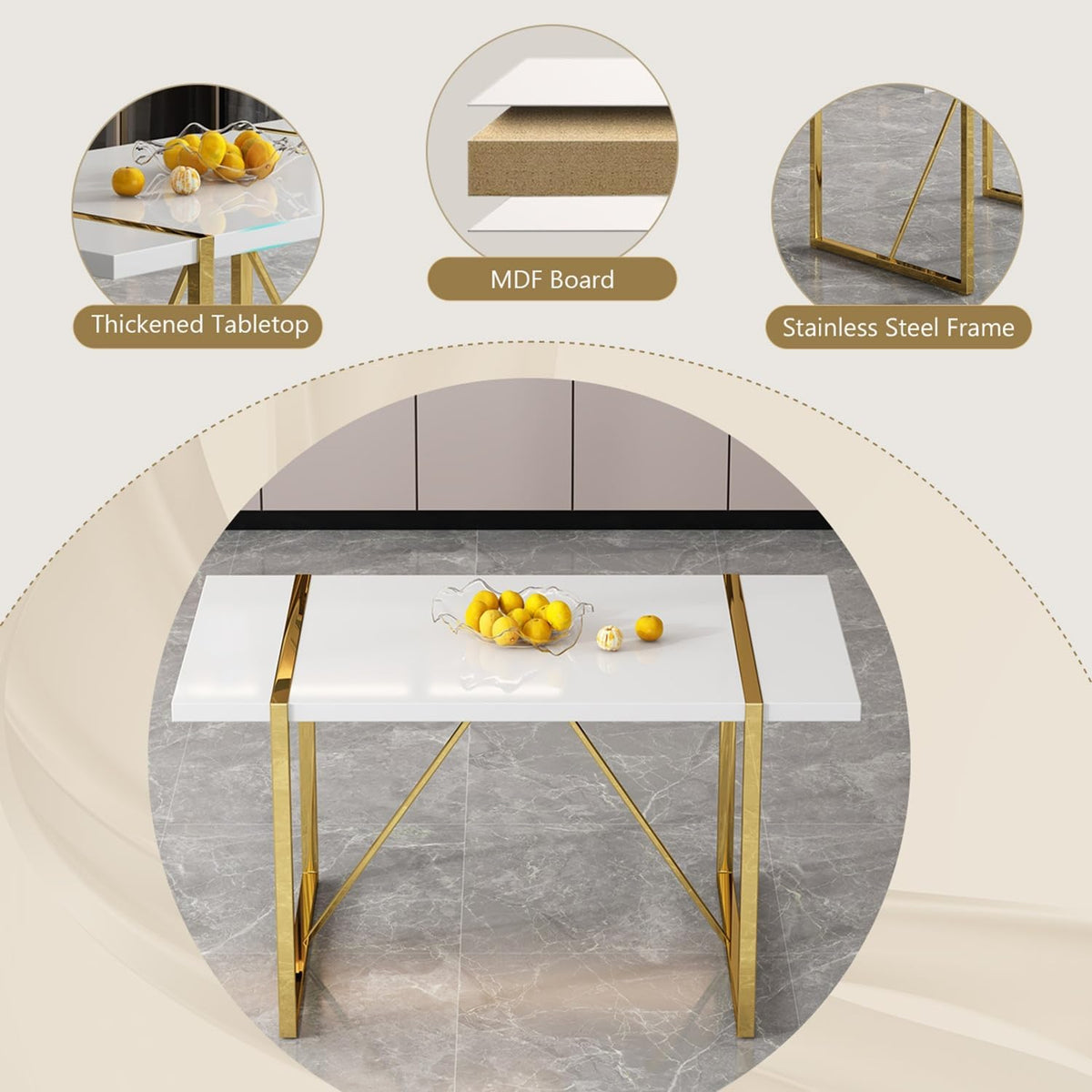 Modern Dining Table Set for 6, 55'' Dining Room Table Set with 6 Faux Leather Chairs, White Wood Tabletop with Gold Metal Legs, Suitable for Small Space