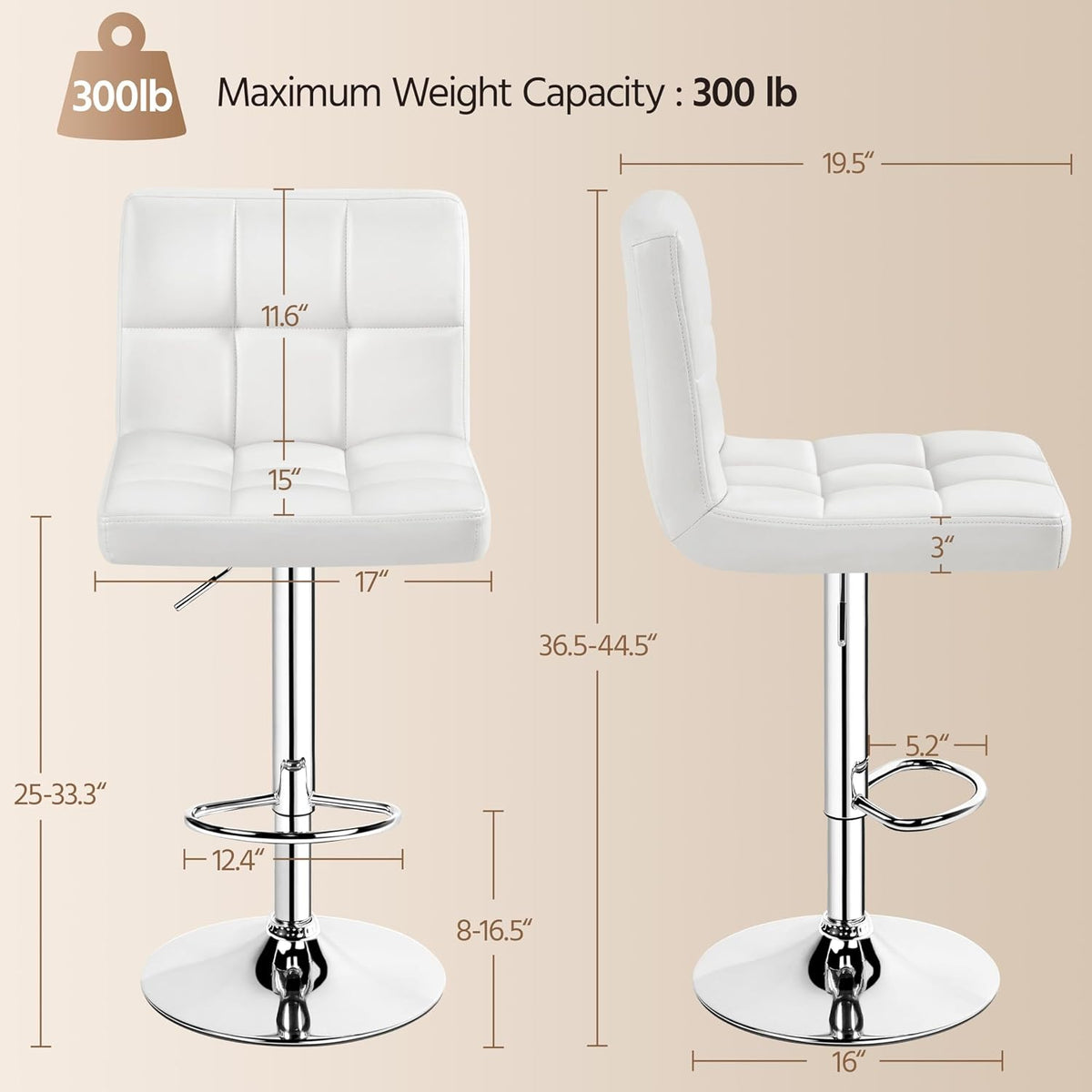 Yaheetech Single Bar Stool Adjustable Counter Height Barstool White