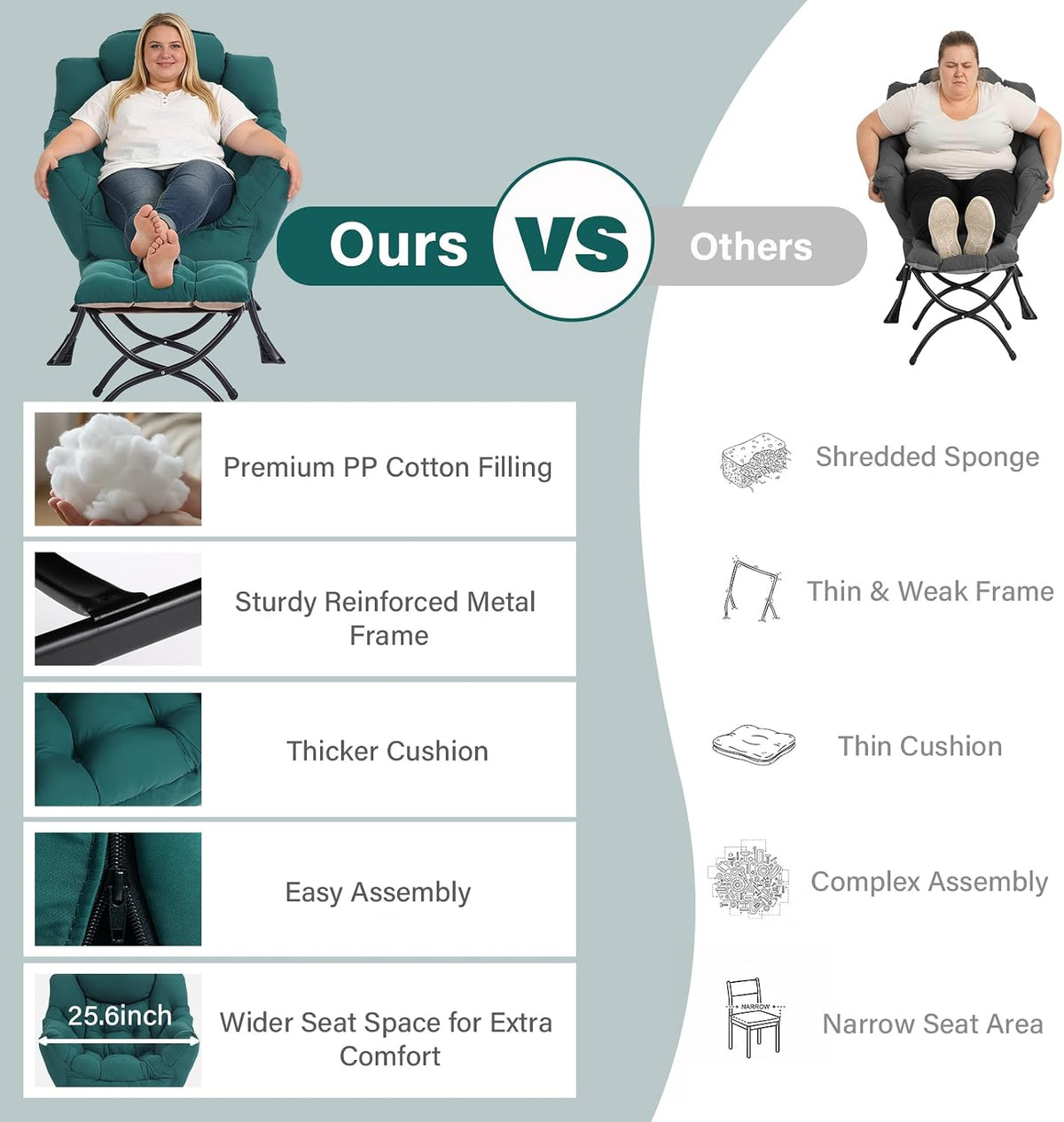 Modern Lazy Chair with Ottoman, Comfy Accent Reading Chair, Dark Green
