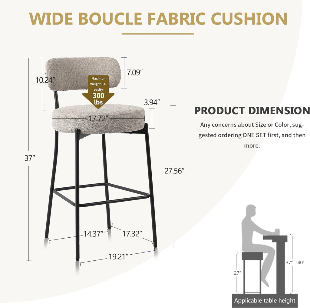 DYHOME Bar Stools Set of 4,Gray 28 Inch Counter Height Bar Stools with Back, Upholstered Boucle Barstools,Mid-Century Modern Bar Chairs for Kitchen Island, Dining Room,Living Room