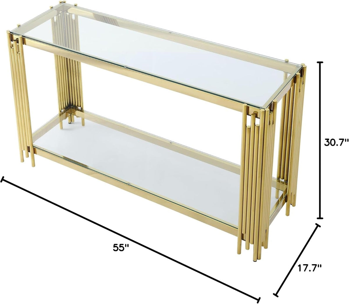 Modern Glass Console Table, 55" Gold Sofa Table with Sturdy Metal Frame and Clear Tempered Glass Top, for Living Room Entryway Bedroom, Gold Finish (Gold4)