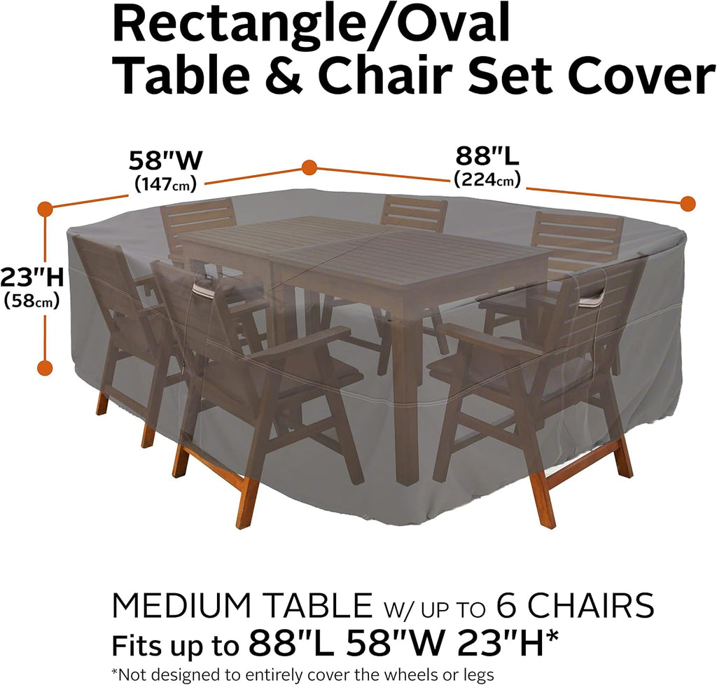 Classic Accessories Ravenna Water-Resistant 88 Inch Rectangular/Oval Patio Table & Chair Set Cover, Medium, Taupe, Brown, Outdoor Table Cover