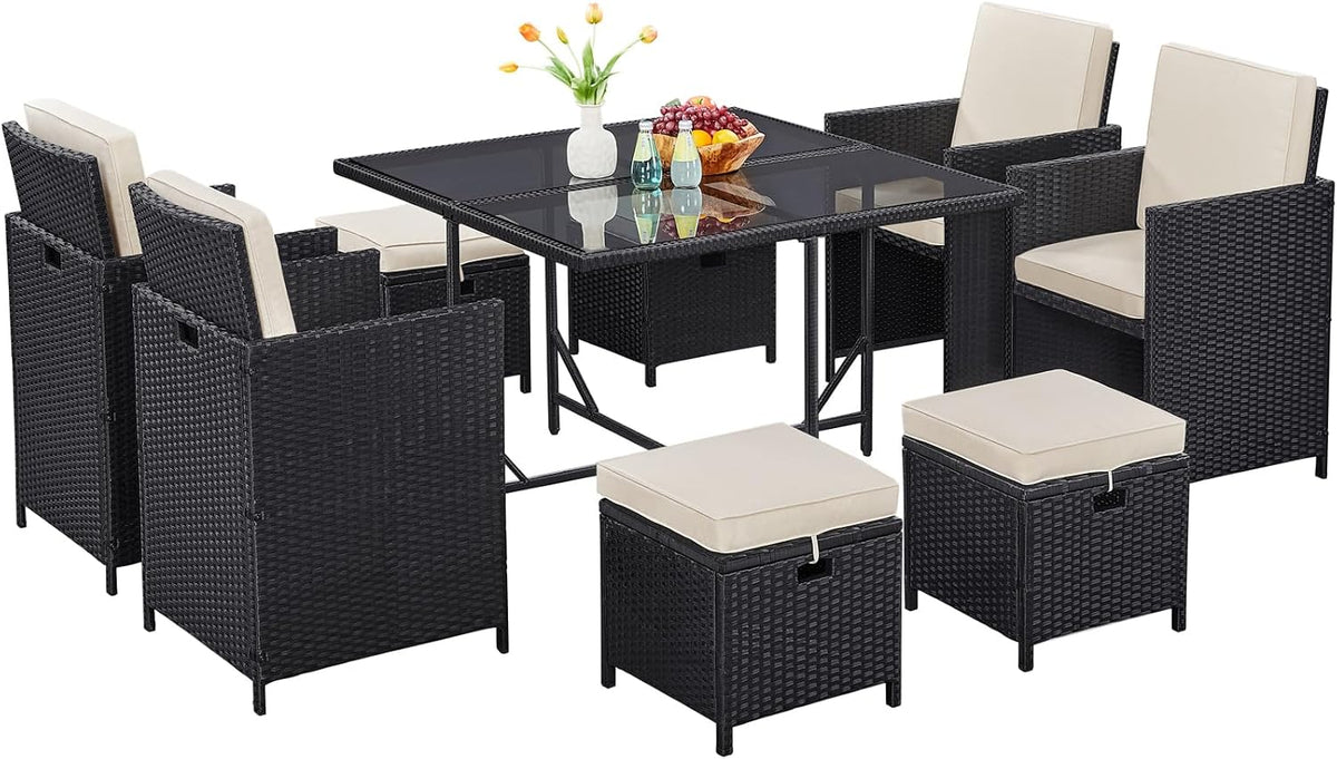 Yaheetech 9 Pcs Patio Dining Sets, Rattan Chairs w/Glass Table Black/Beige