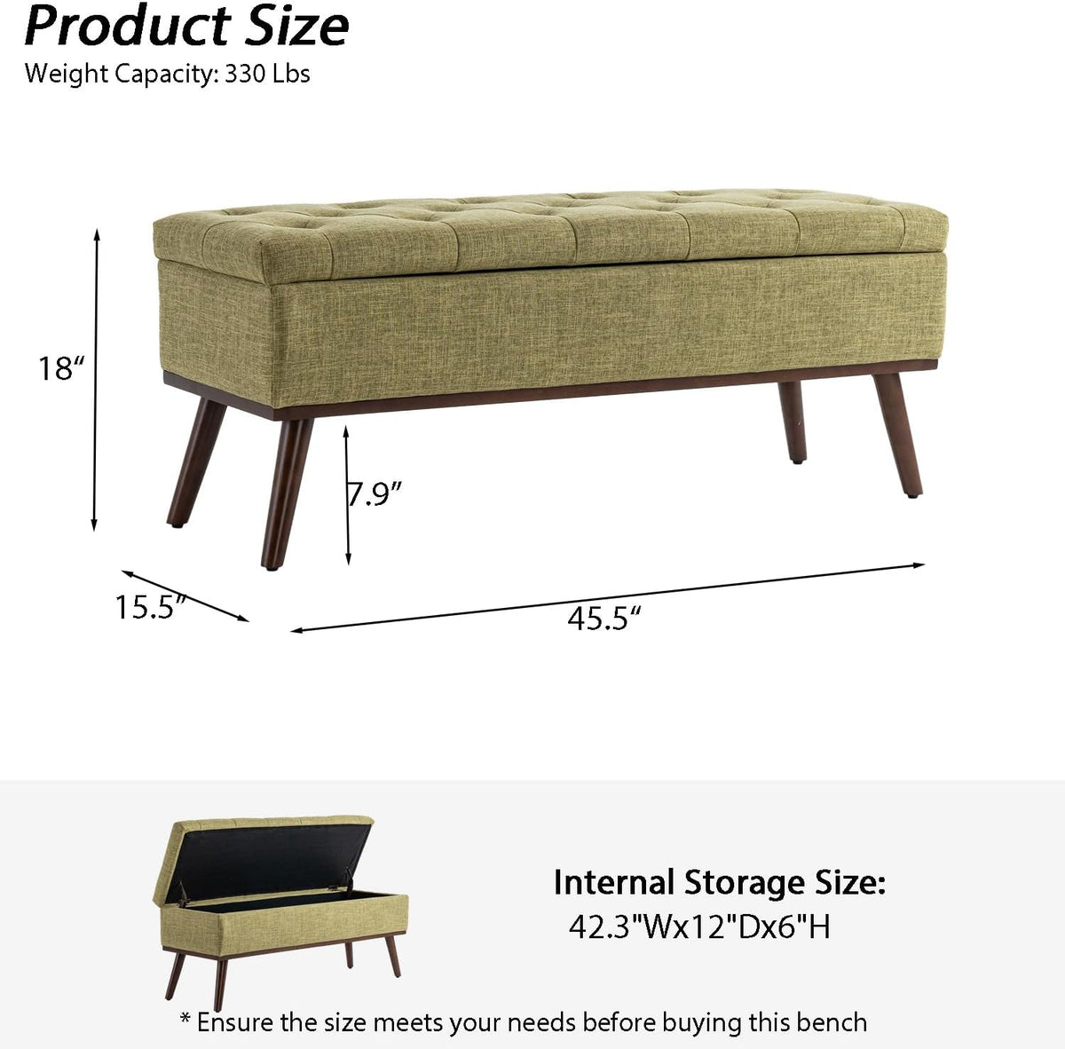 45.5" Olive Green Mid Century Modern Storage Bench for Bedroom, Linen