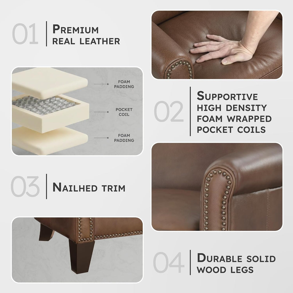 Lexicon Top Grain Genuine Leather Chair, Rolled Armrest, Classic Brown