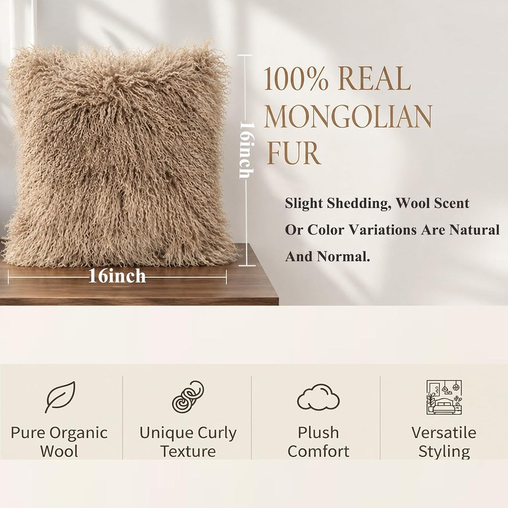 Mongolian Lamb Fur Throw Pillow Covers 16 x 16 Inch, Khaki