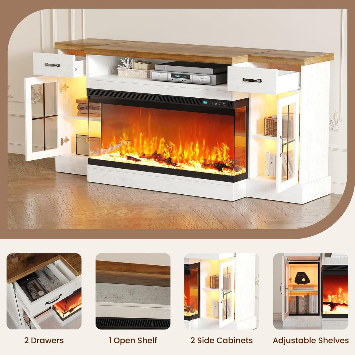 70" Fireplace TV Stand for TVs Up to 80" & Adjustable Shelves, White