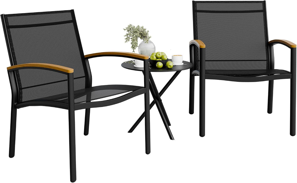 Shintenchi 3 Pieces Patio Bistro Sets, Outdoor Textilene Fabric Conversation Bistro Set, Textilene Fabric Front Porch Chairs Small Patio Furniture Set with Table for Lawn,Garden,Balcony (Black)