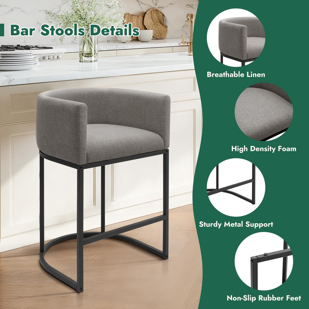 Counter Height Bar Stools Set of 3, 24 Inch Seat Height Barstools for Dining Room, Fabric Upholstered Bar Chair for Kitchen Island, Linen Counter Stools with Metal Legs, Gray
