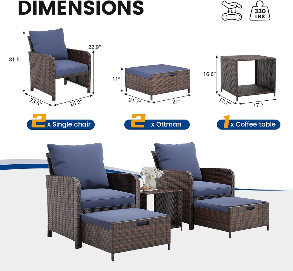 UDPATIO Balcony Furniture, Space-Saving Patio Chairs with Ottoman