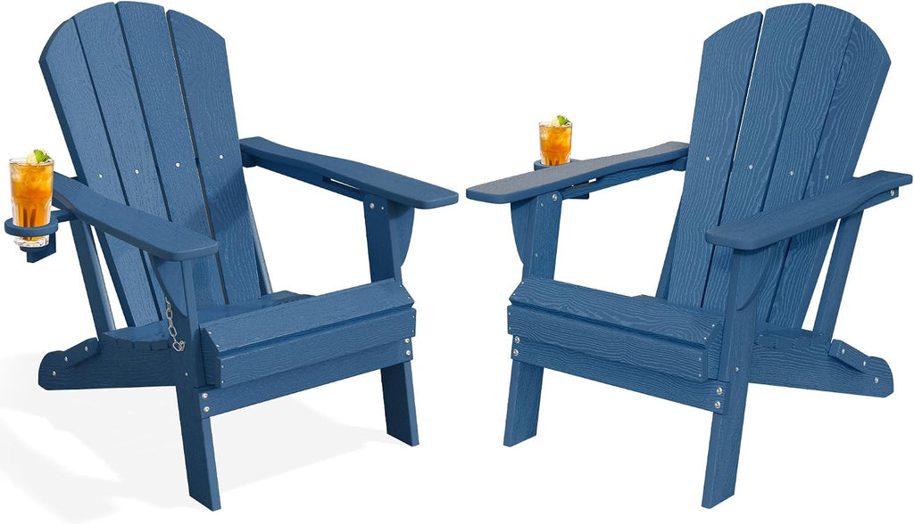 PLUUV Adirondack Chair Set of 2, Fire Pit Chairs with Cup Holder, Navy