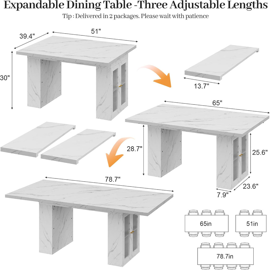 51"-78" Extendable Dining Table for 4-8, White Faux Marble Dining Table