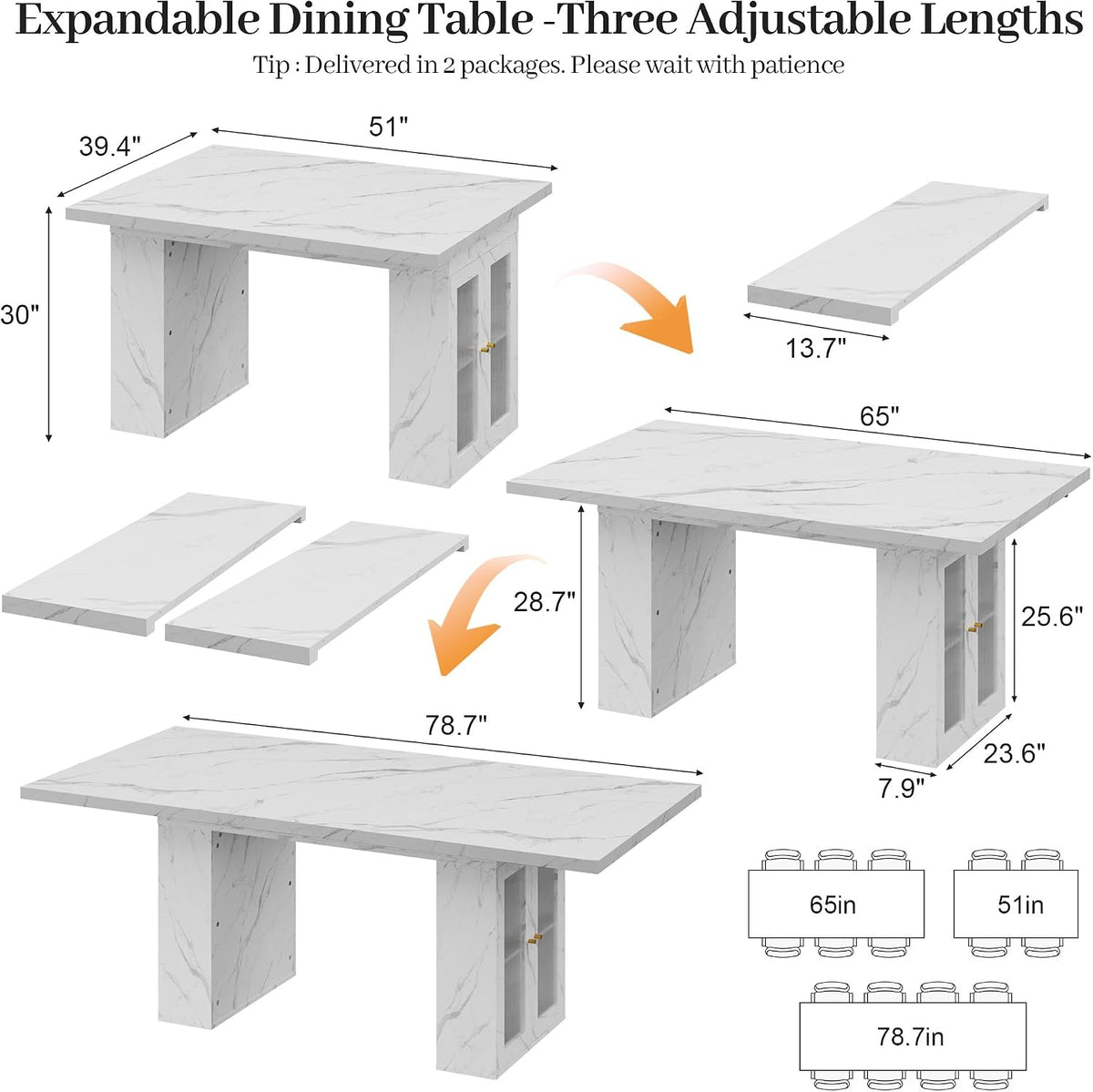 51"-78" Extendable Dining Table for 4-8, White Faux Marble Dining Table