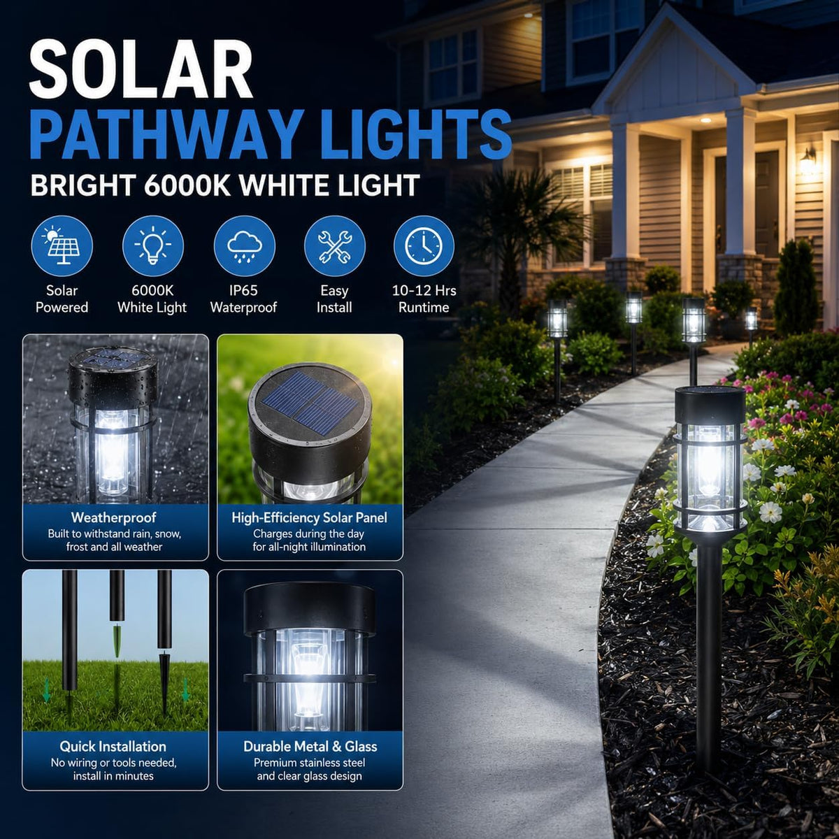 ILANCK 12 Pack Solar Lights Outdoor Pathway, Metal & Glass 21" Large Solar Pathway Lights, Solar Powered Garden Lights for Yard, Landscape, Driveway Walkway