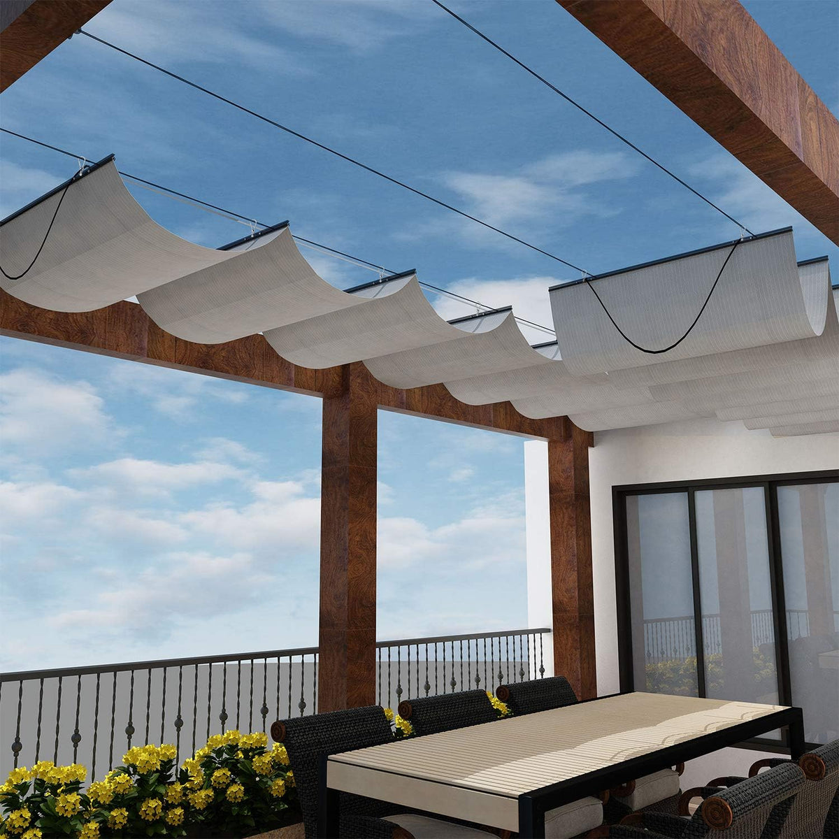 Windscreen4less 4' x 16' Retractable Sun Shade Canopy Cover Sliding Wave Shade Sail for Pergola Patio Deck Yard Gazebo Outdoor (Light Gray)