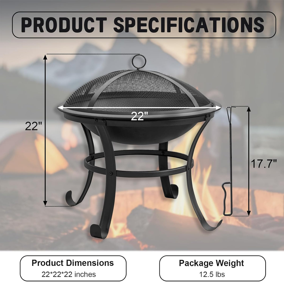 Panovue 22 in Firepit for Outside Outdoor Small Fire Pit with Mesh Lid