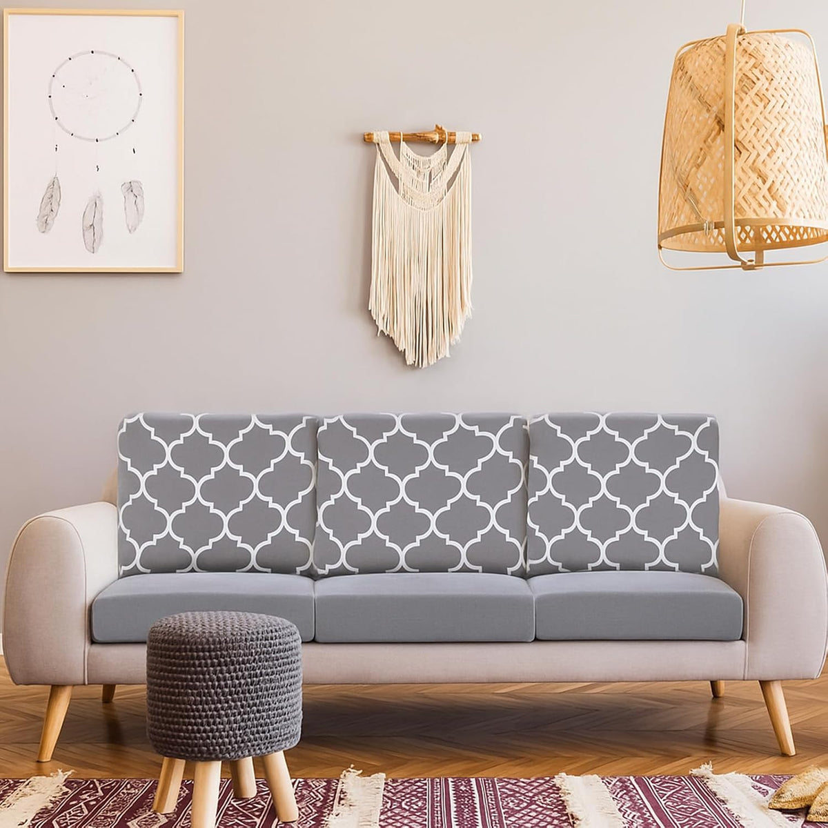 Newwiee 12 Pc Patio Stretch Cushion Covers,Light Gray,Moroccan and Solid
