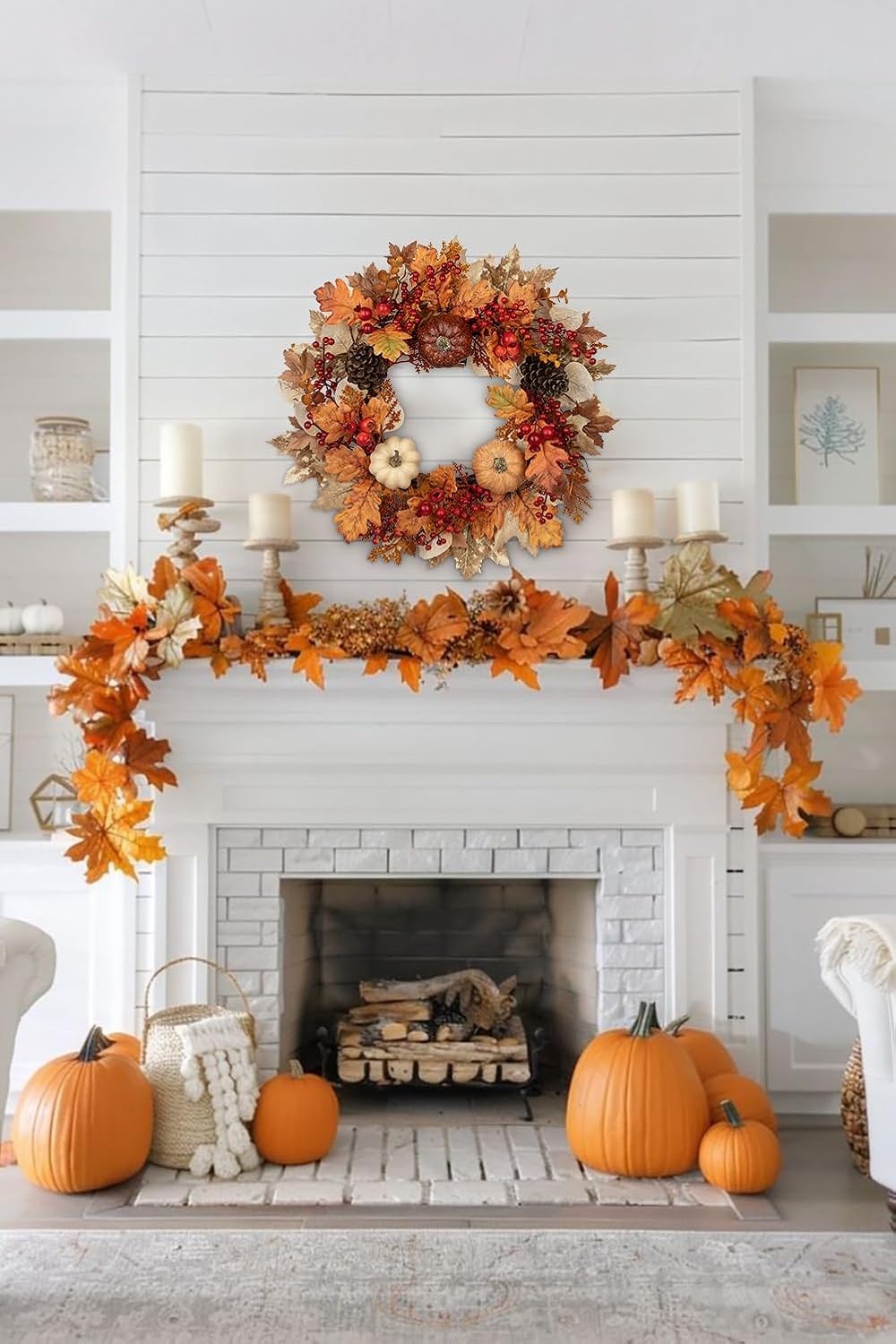 22" Artificial Fall Wreath for Front Door Autumn Harvest Wreath with Pumpkin Oak Maple Leaf Pine Cones Eucalyptus Berry for Halloween Thanksgiving Day Indoor Outdoor Farmhouse Window Wall Décor