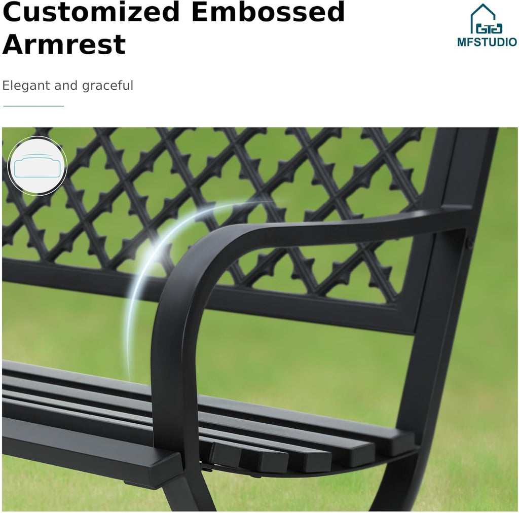 MFSTUDIO 50 Inches Outdoor Garden Bench Cast Iron Metal Frame, Clover Black