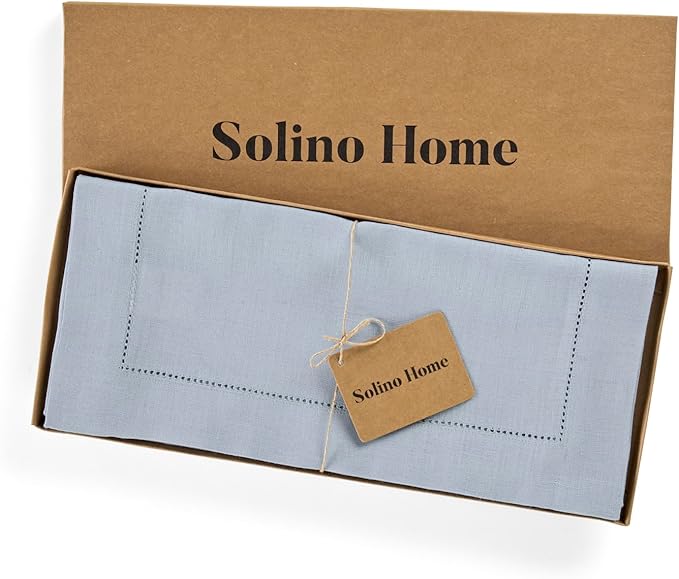 Solino Home Linen Dusty Blue Table Runner 48 Inches - Classic Hemstitch, 100% Pure Linen Coffee Table Runner 14 x 48 Inch Ideal for Dresser Tables - Fall, Autumn, Halloween, Thanksgiving