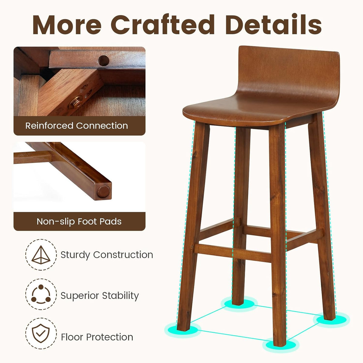 GIANTEX 29" Bar Stools Set of 2, Bar Height Bar Stools w/Low Back & Footrest, Farmhouse Wooden Bar Dining Chairs, Armless Wood Barstools for Kitchen Island, Pub, Cafe, Breakfast, Brown