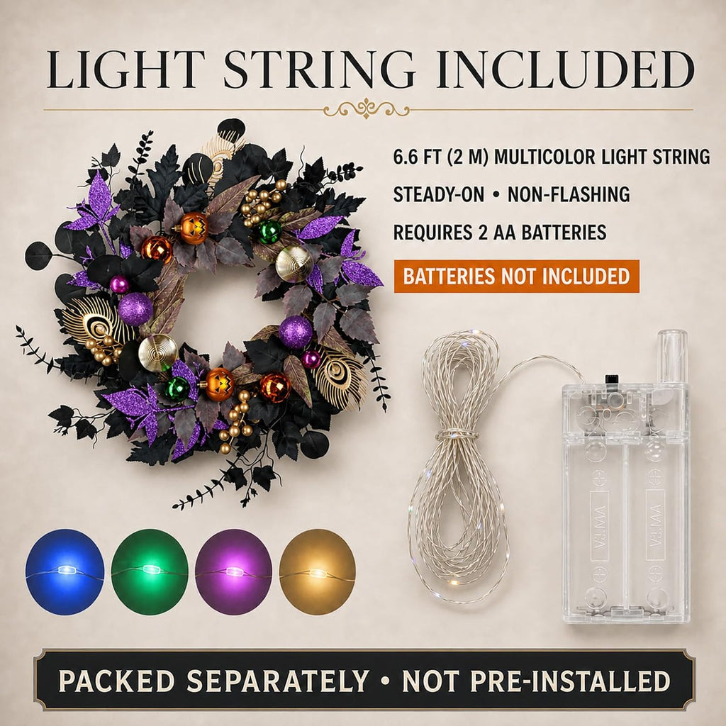 22-Inch Black and Purple Halloween Wreath for Front Door with Light String