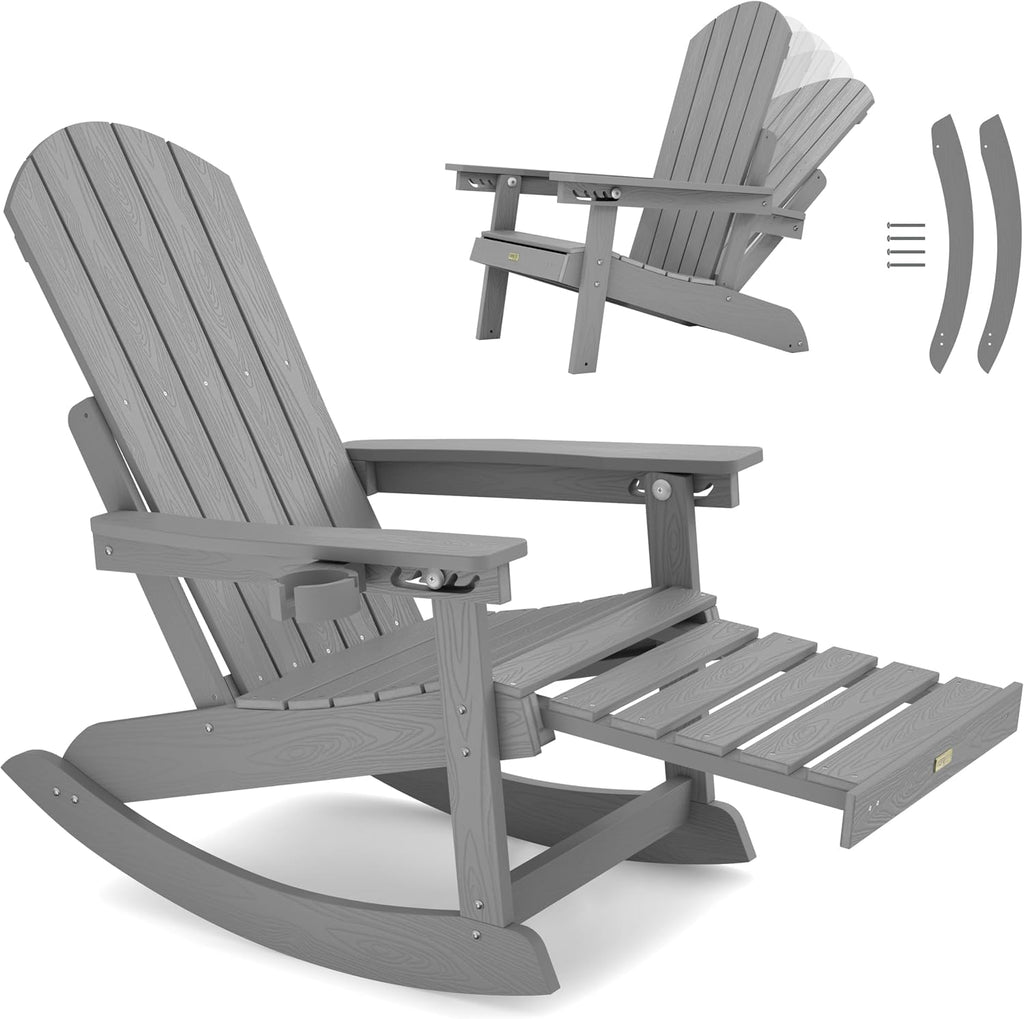 YEFU Adirondack Rocking Chairs, Adirondack Chair with Footrest, Grey