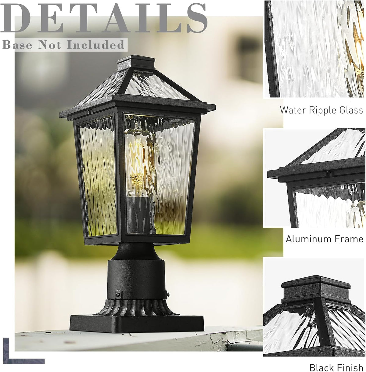 zeyu 13.4 Inch Outdoor Patio Post Lighting, Exterior 2 Pack Post Light Fixtures for Patio Yard, Die-Cast Aluminum with Water Ripple Glass, Black Finish, ZX58P-2PK-SW BK