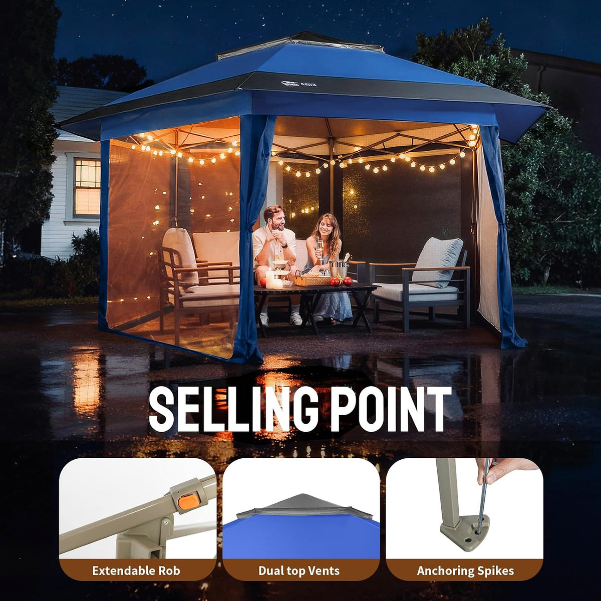 CROWN SHADES 13x13 Pop Up Gazebo with Mosquito Nettings, Blue&Gray