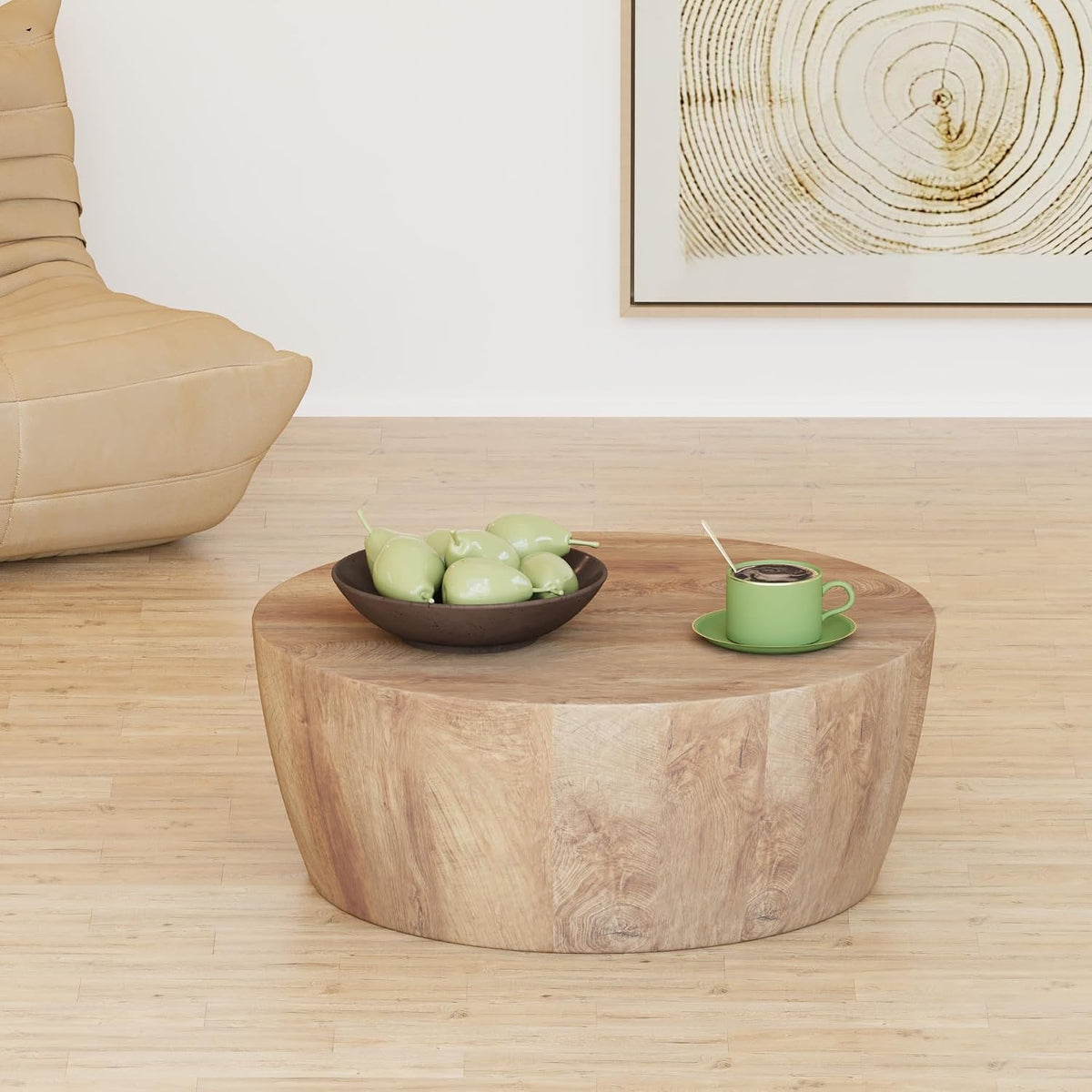 Drum Coffee Table, Modern Industrial Wooden 29.53" W x 11.81" H Round Coffee Table, Natural Wood Circle Center Table Cocktail Tea Accent Table for Living Room Apartment No Assemble