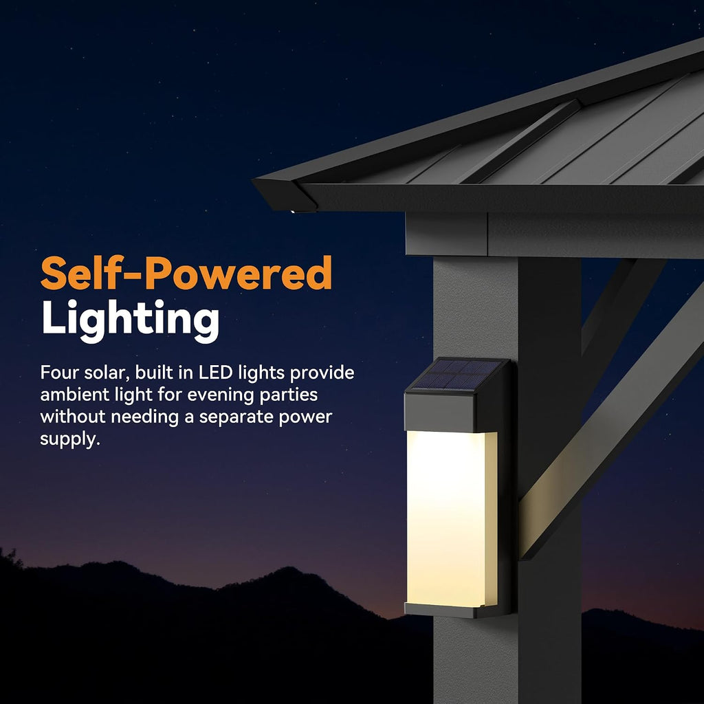 Modern Shade Hardtop Gazebo 10x12 with 4 LED Lights for Backyard, Black