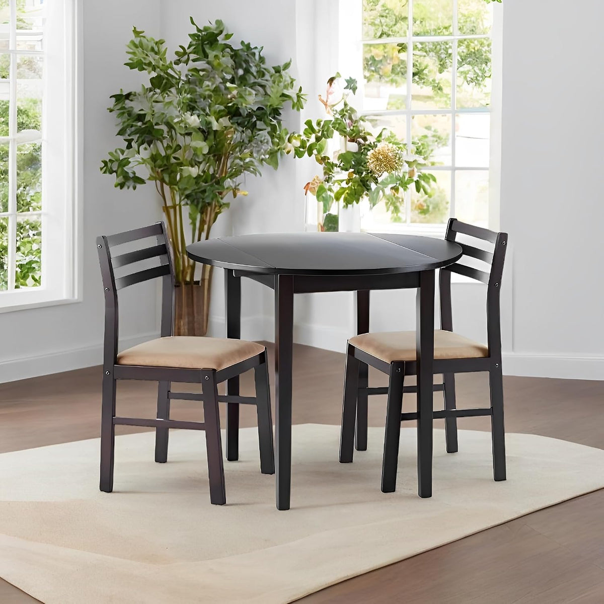 CARTESIAN 3-Piece Round Drop Leaf Dining Set, Cappuccino Table with Ladder Back Chairs, Cream Upholstery
